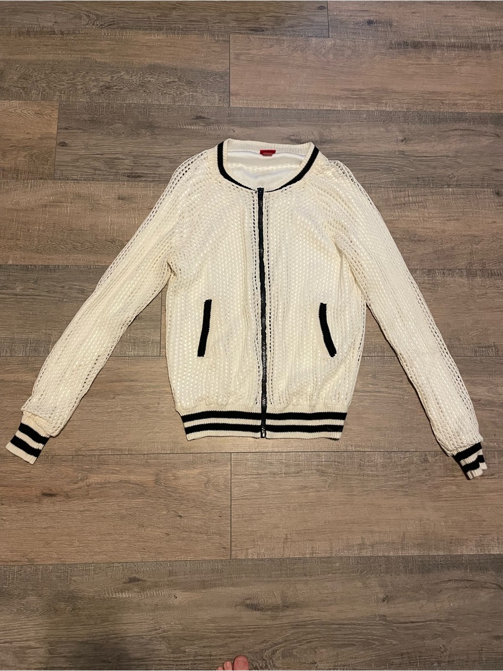 Daydream Knit Zip-Front White Bomber Jacket with Black Trim